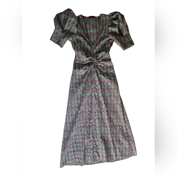 ZARA Pink & Green Plaid Seersucker Puff Sleeve Midi Dress | SZ XS - Picture 3 of 15
